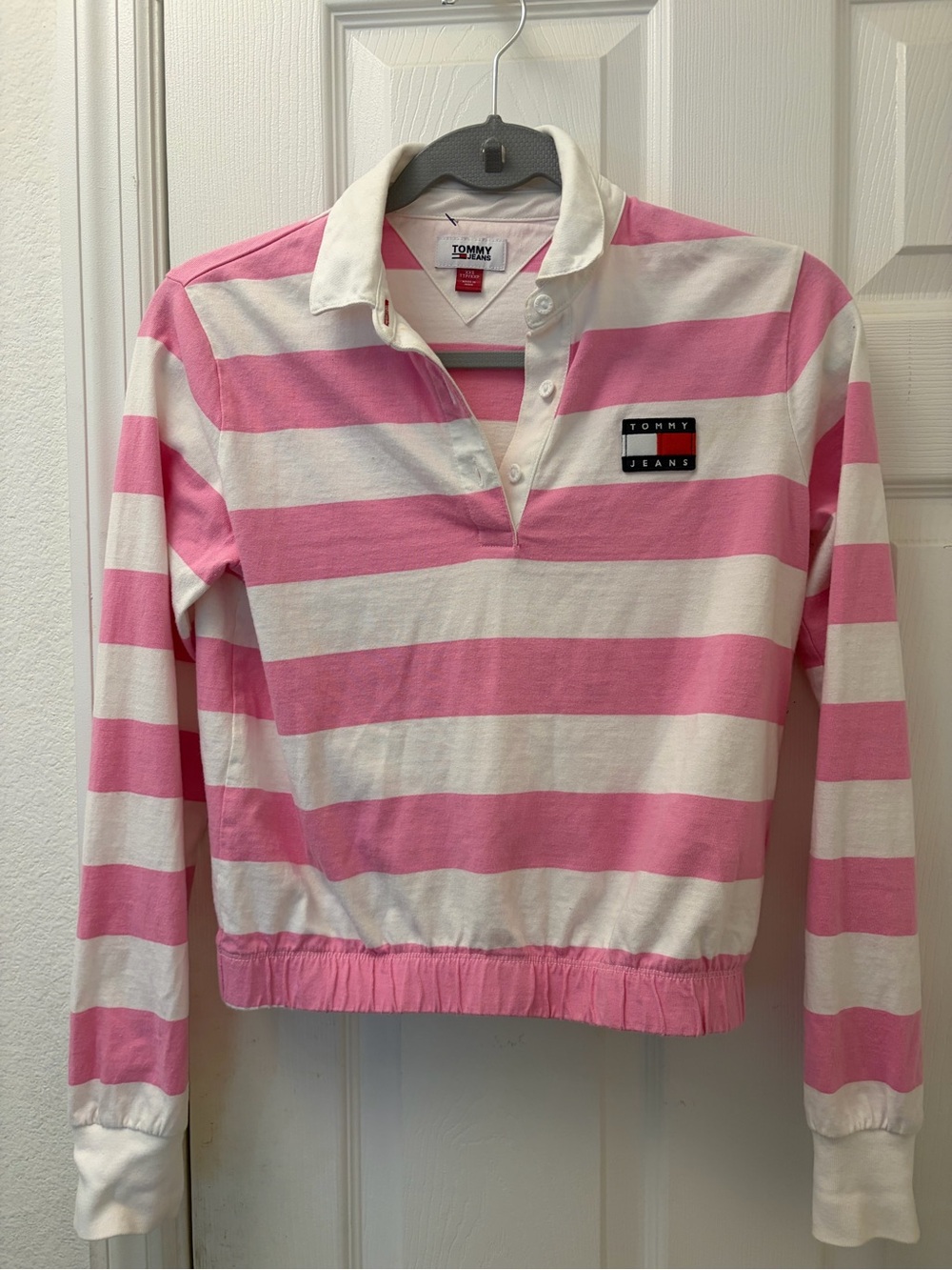 Tommy Hilfiger Pink and White Striped Rugby Top
